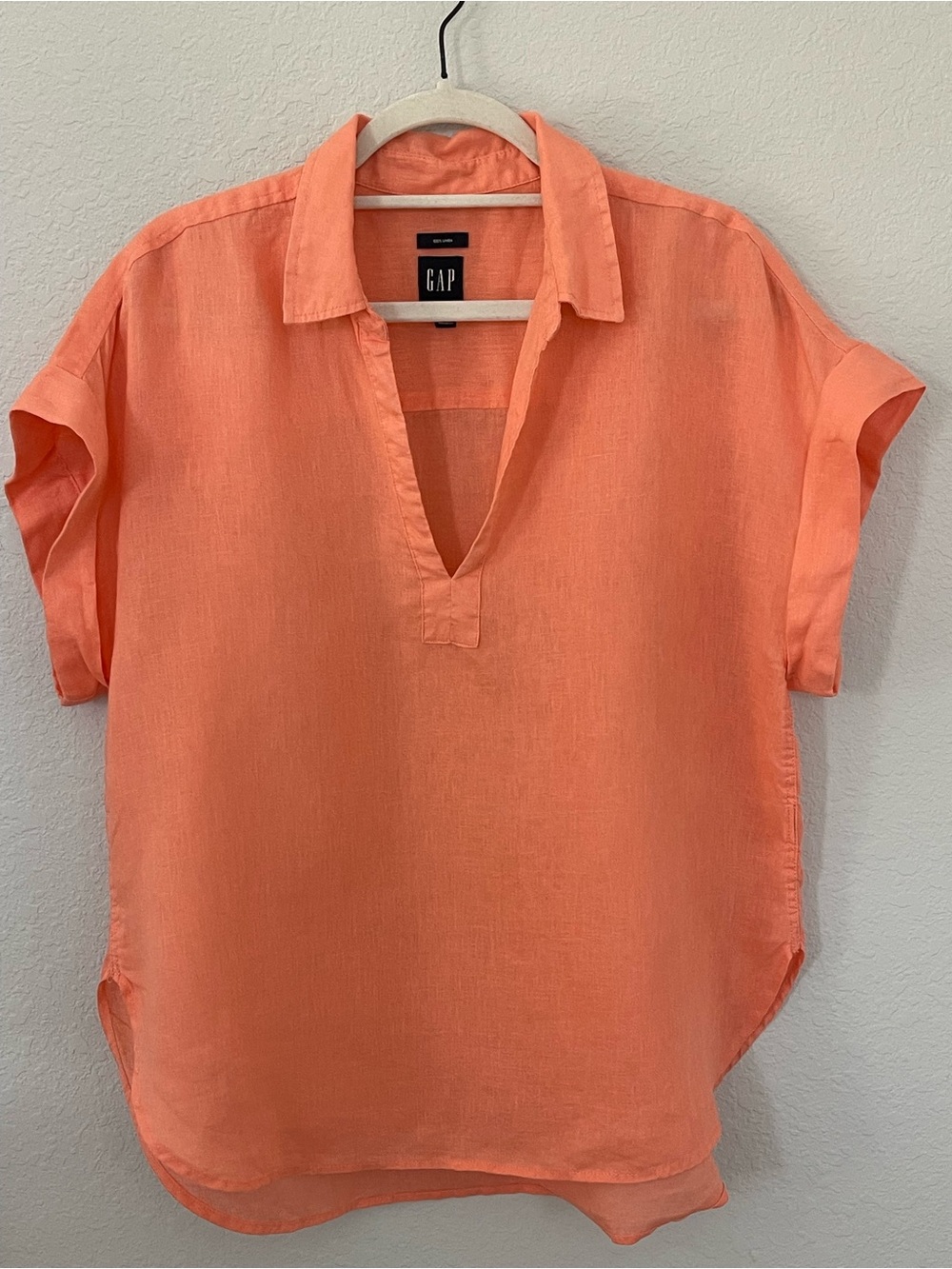 GAP 100% Linen Coral Orange Popover Shirt Blouse Size L